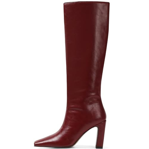 Lovee Cosee Burgundy Boots for Women Knee High Leather Cherry Red Tall Boots for Women Dark Red Square Toe Chunky Heels Wide Calf Dress Fashion Trendy Work Date Dress Party Club Shoe Size 9 | Amazon (US)