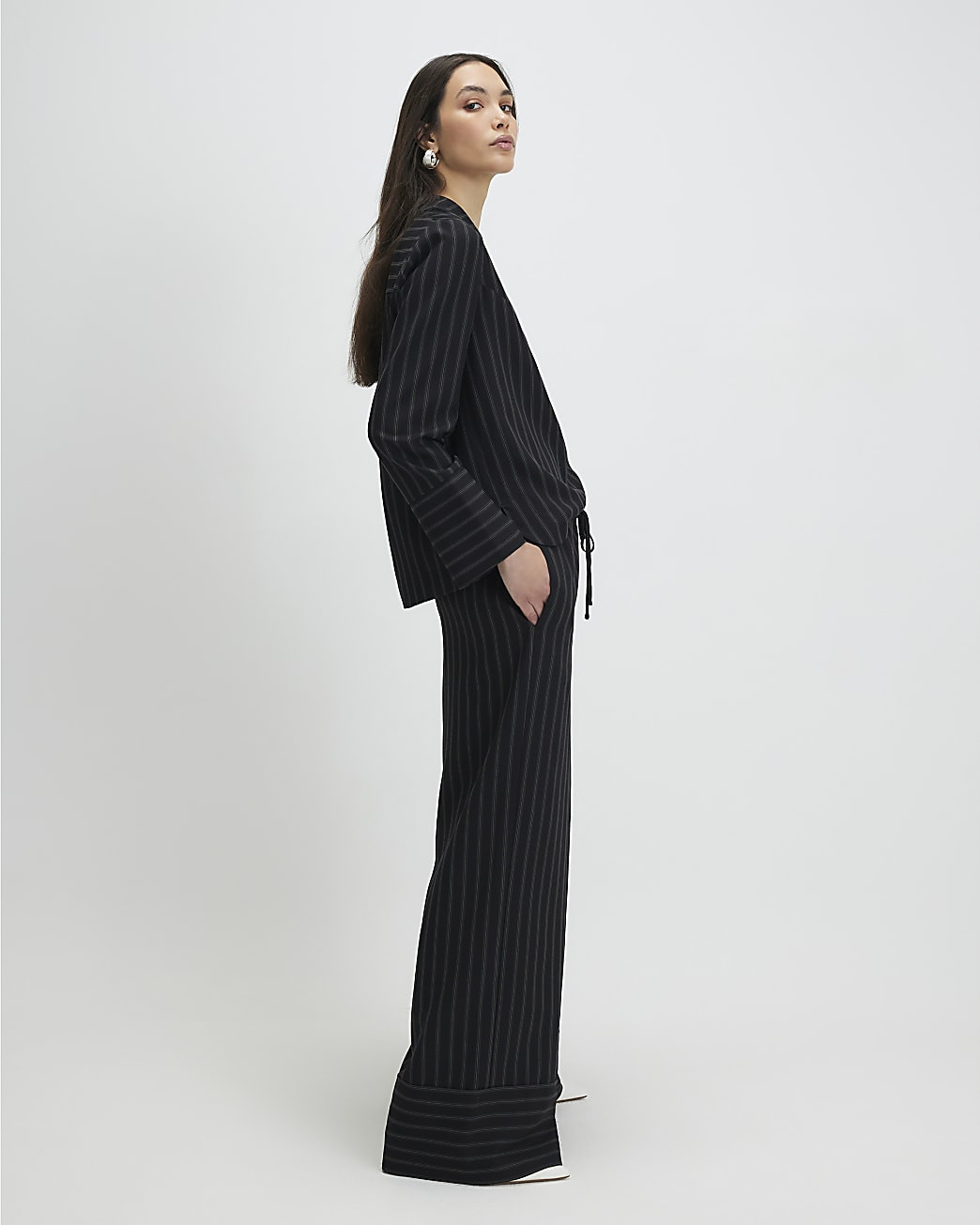 Black Striped Turned Up Hem Wide Leg Trousers | River Island UK & IE