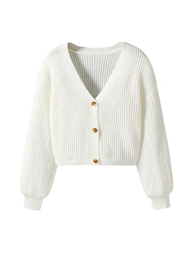 Floerns Girl's Button Up Cardigan Sweater V Neck Long Sleeve Loose Crop Sweaters White 11-12Y | Amazon (US)