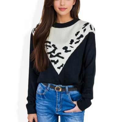 Anna-Kaci Women's Crew Neck Sweater with Contrast Leopard Print Chevron Design for Casual Looks - Small, Black | Target