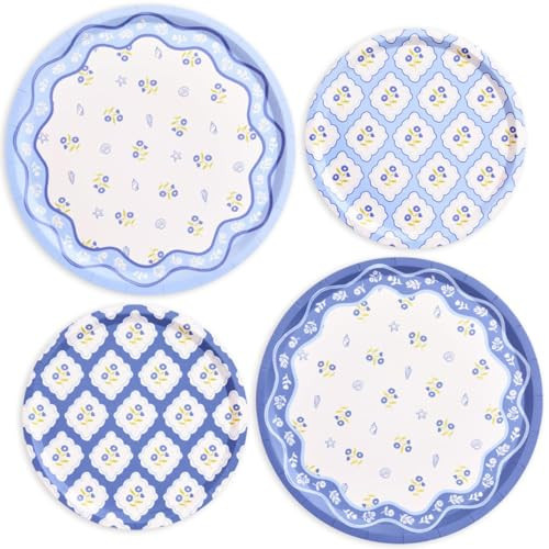 xo, Fetti Blue Coastal Paper Plates | 32 pcs, 2 sizes | Nautical Bachelorette Decorations, Seaside Dinner Party Setting, Beach Birthday Decor, Floral Tablescape | Amazon (US)