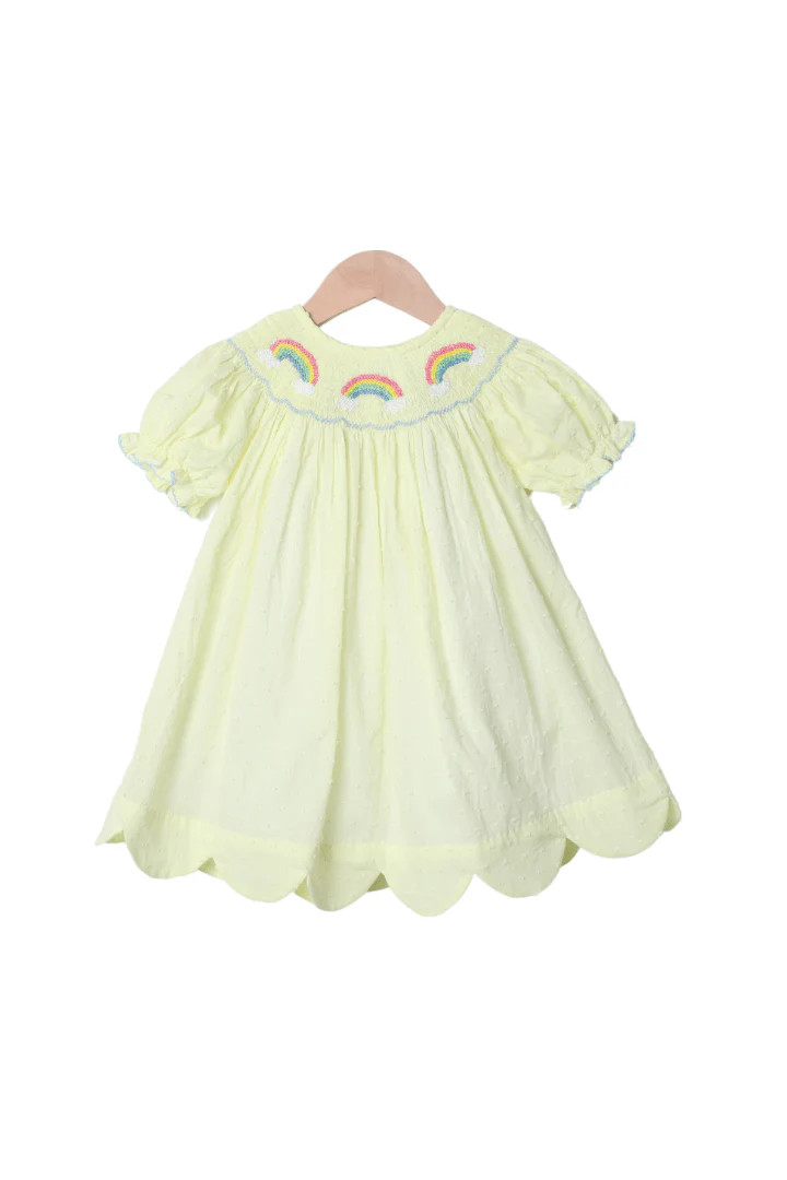 Smocked Yellow Swiss Dot Rainbow Dress | The Smocked Flamingo