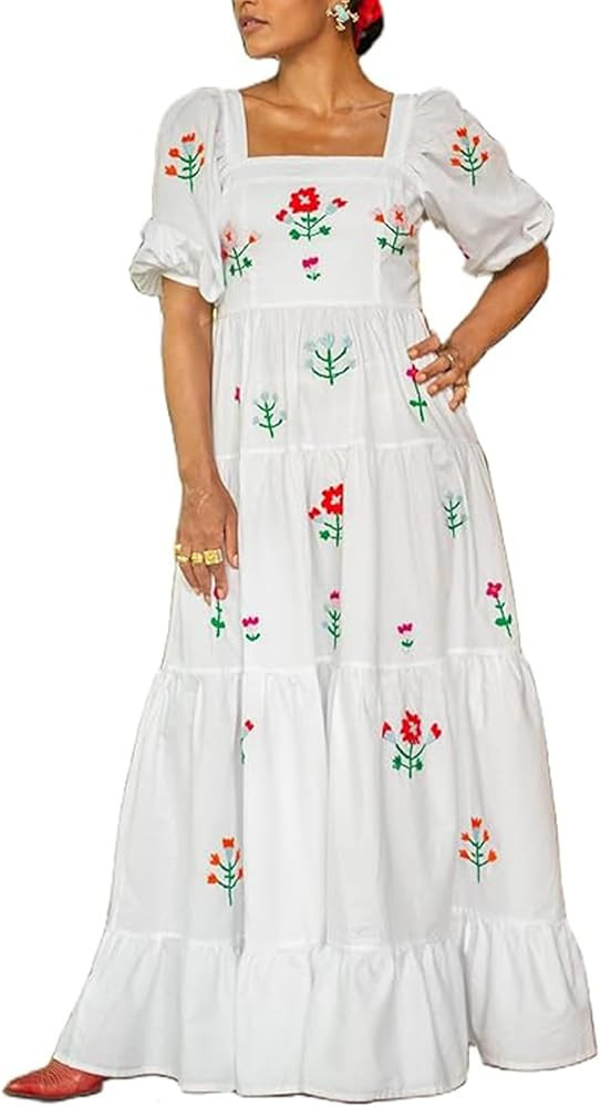 Women Embroidered Maxi Dress Puff Sleeve Square Neck Bohemian Flowy Smocked Dress Summer Fall Boh... | Amazon (US)