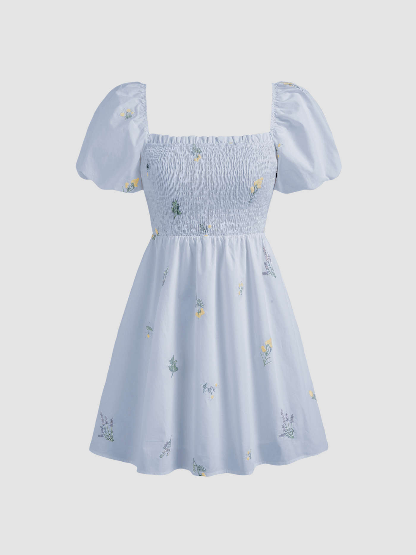 Square Neck Shirred Floral Puff Sleeve Mini Dress... | Cider