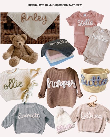 Personalized hand embroidered baby gifts: blankets, beanies, sweaters and onesies.

#LTKGiftGuide #LTKbaby #LTKfamily
