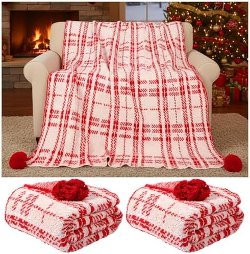 2 Pcs Large Christmas Knit Throw Blanket with Ribbon 51 x 63 Inch Red and White Soft Warm Knitted... | Amazon (US)