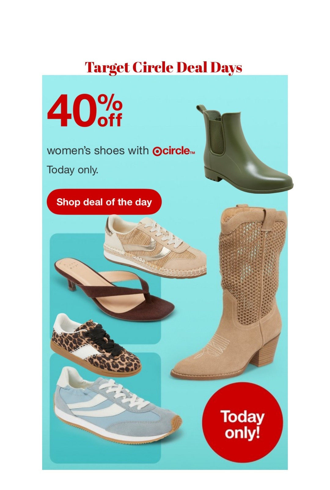 Target Circle Deal Days = RUN 🏃‍♀️
40% OFF women’s shoes today only!! 🙌
So many cute spring styles—sneakers, boots, and everyday staples 🤍
Linking my favorites before they sell out!

#targetstyle #targetdeals #targetcircle #ltkfinds #springstyle #targetfashion #affordablefashion @Target 

#LTKSaleAlert #LTKmomlife #LTKSeasonal