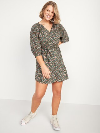 Waist-Defined Floral-Print Poet Mini Shirt Dress for Women | Old Navy (US)