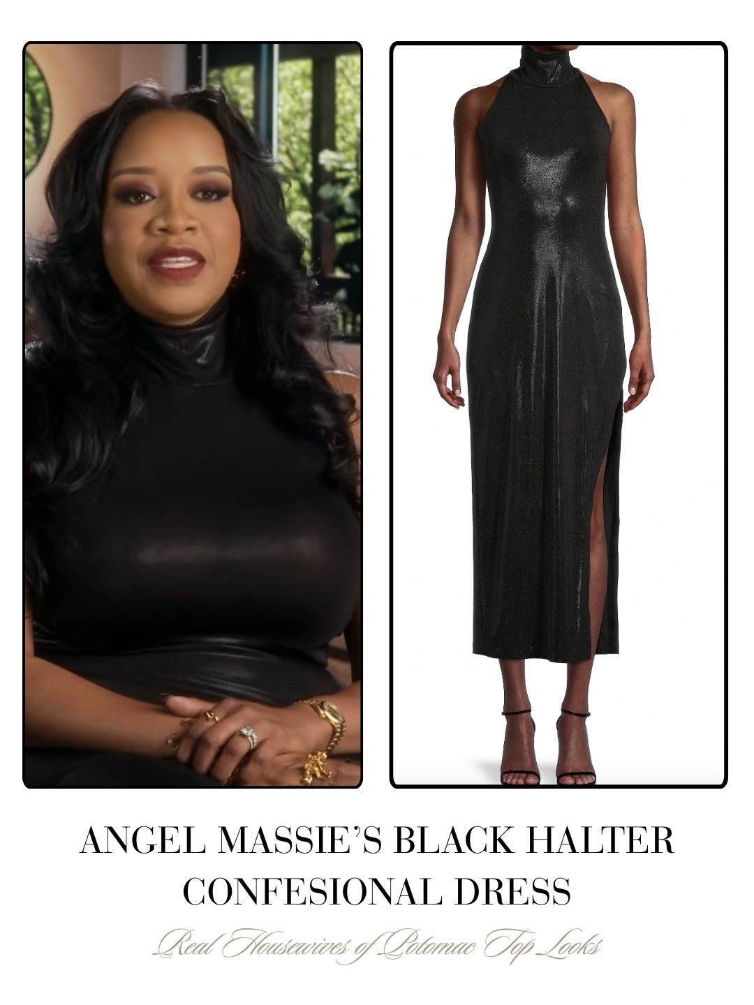 Angel Massie’s Black Halter Confessional Dress