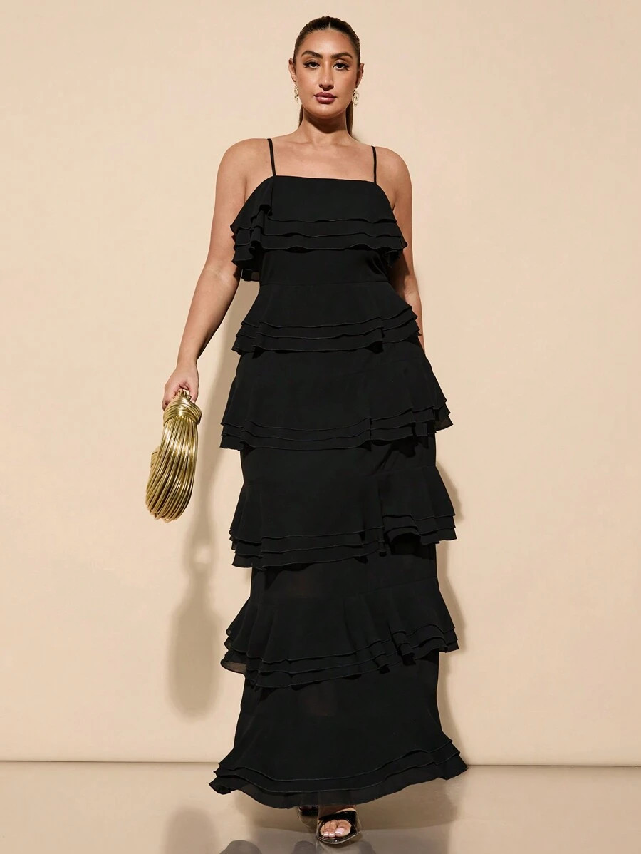 SHEIN BAE Plus Size Women's Elegant Romantic Ruffled Layered Chiffon Dress, Suitable For Spring/S... | SHEIN