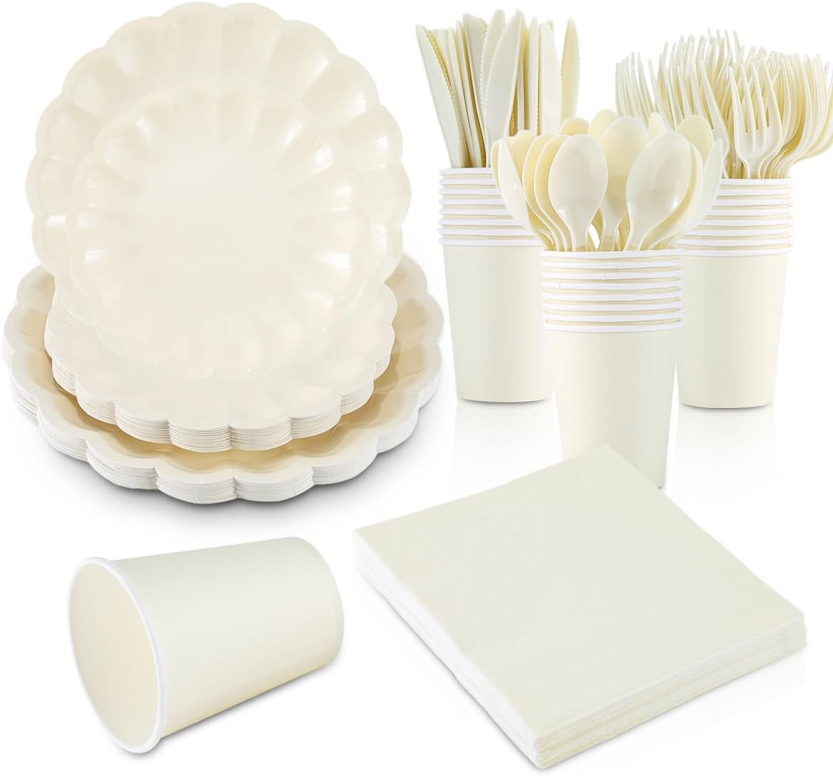 168Pcs Party Plates and Cups and Napkins Sets for 24 Guest Scalloped Paper Plates and Napkins Kni... | Amazon (US)
