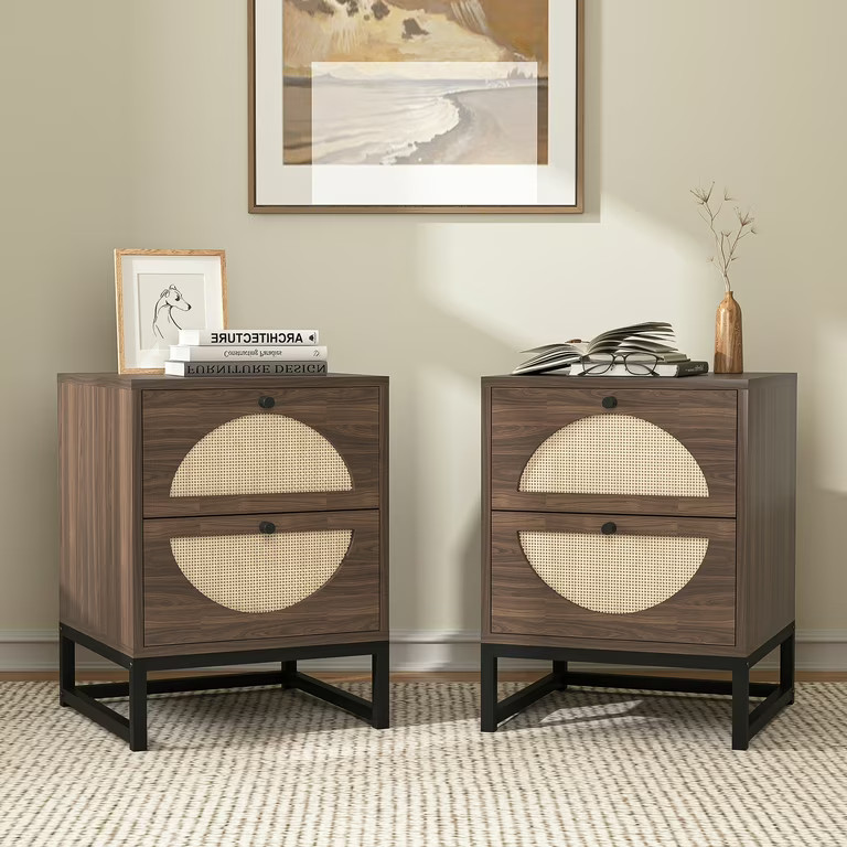 Resenkos Walnut Nightstand Set of 2 for Bedroom, Wood Rattan Night Stand Living Room | Walmart (US)