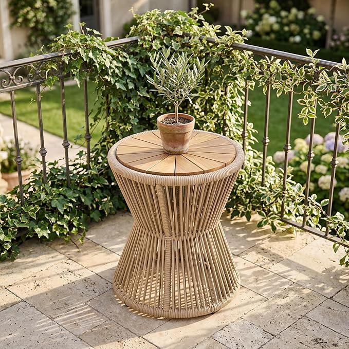 Christopher Knight Home Outdoor Side Table 16.14" Dia x 18.90" H – Acacia Wood & Rope Hourglass... | Amazon (US)