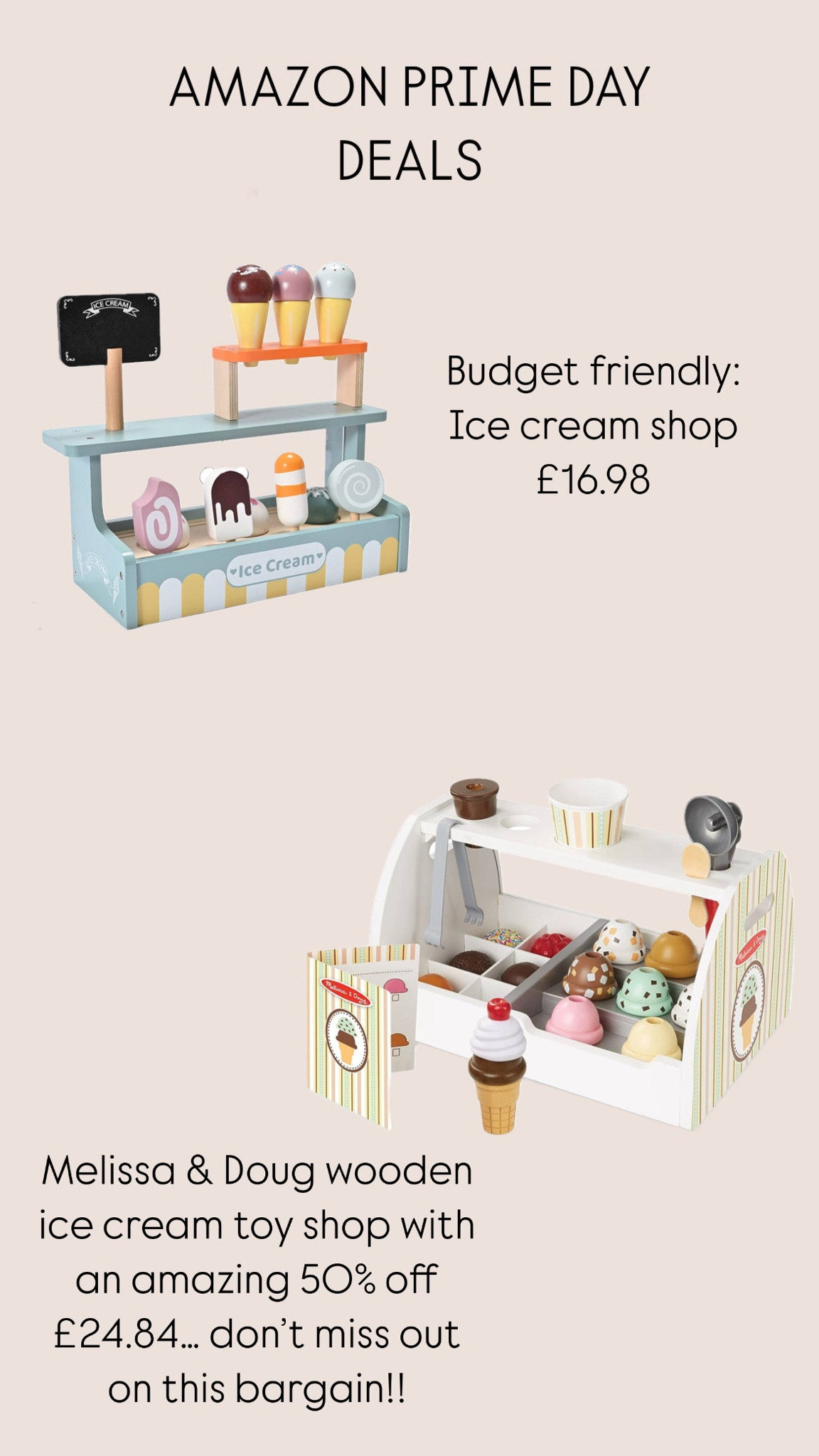 Amazon prime day deals… I’ve selected 2 ice cream shop options. Don’t miss out on an amazing 50% off on the Melissa & Doug option!! Nola loves playing with her ice cream shop definitely recommend 🍦