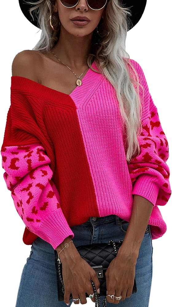Angashion Women's Leopard Sweaters Casual Long Sleeve Crewneck Color Block Patchwork Pullover Knit S | Amazon (US)