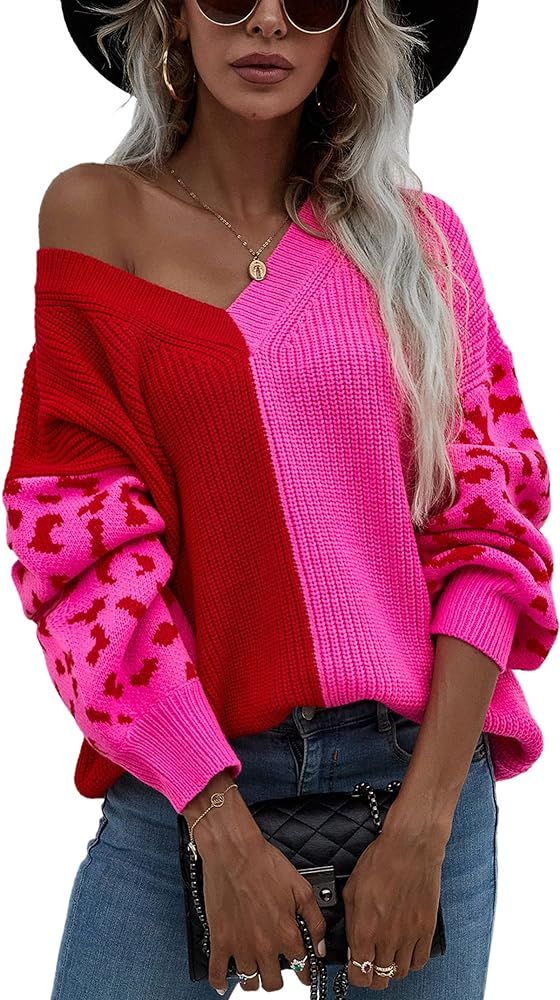 Angashion Women's Leopard Sweaters Casual Long Sleeve Crewneck Color Block Patchwork Pullover Knit S | Amazon (US)