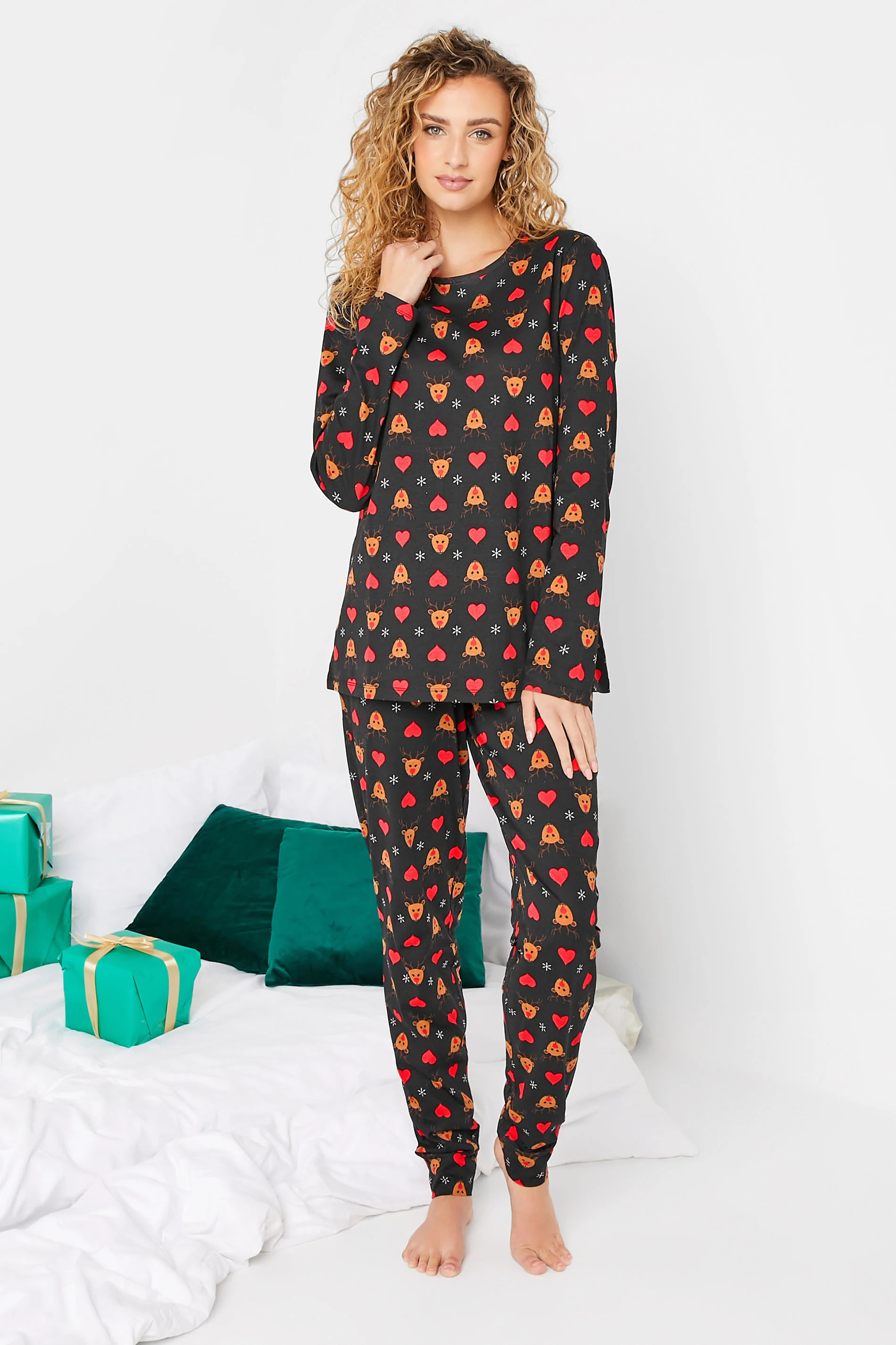 LTS Tall Black Rudolph Print Christmas Pyjama Set | Long Tall Sally