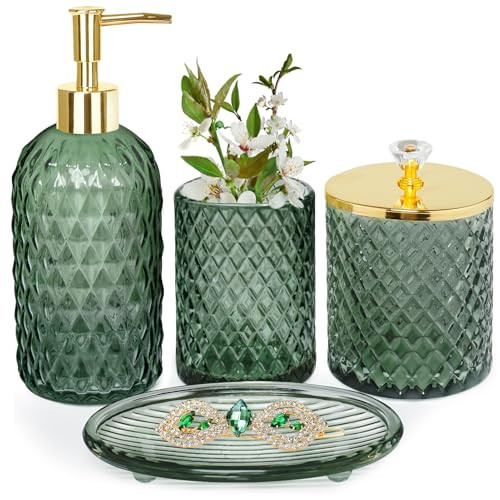 Bathroom Accessories Set, 4Pcs Sage Green Glass Bathroom Accessory Set Complete w/Lotion Soap Dispenser, Toothbrush Holder, Qtip Holder, Soap Dish, Gold Bathroom Decor Sets, Gift for Home Apartment | Amazon (US)