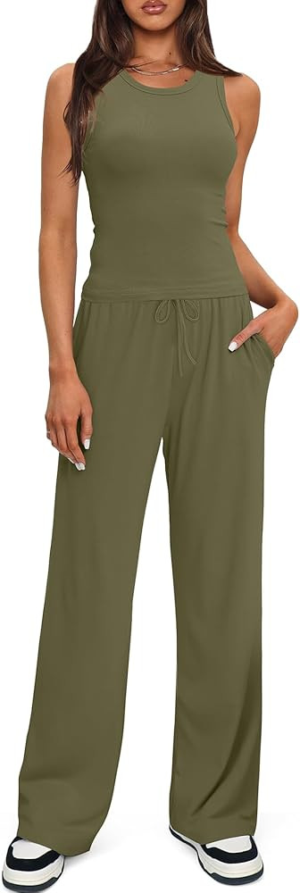 Darong Women's 2 Piece Lounge Sets Sleeveless Tank Tops Wide Leg Pants Sets Tracksuits Matching O... | Amazon (US)
