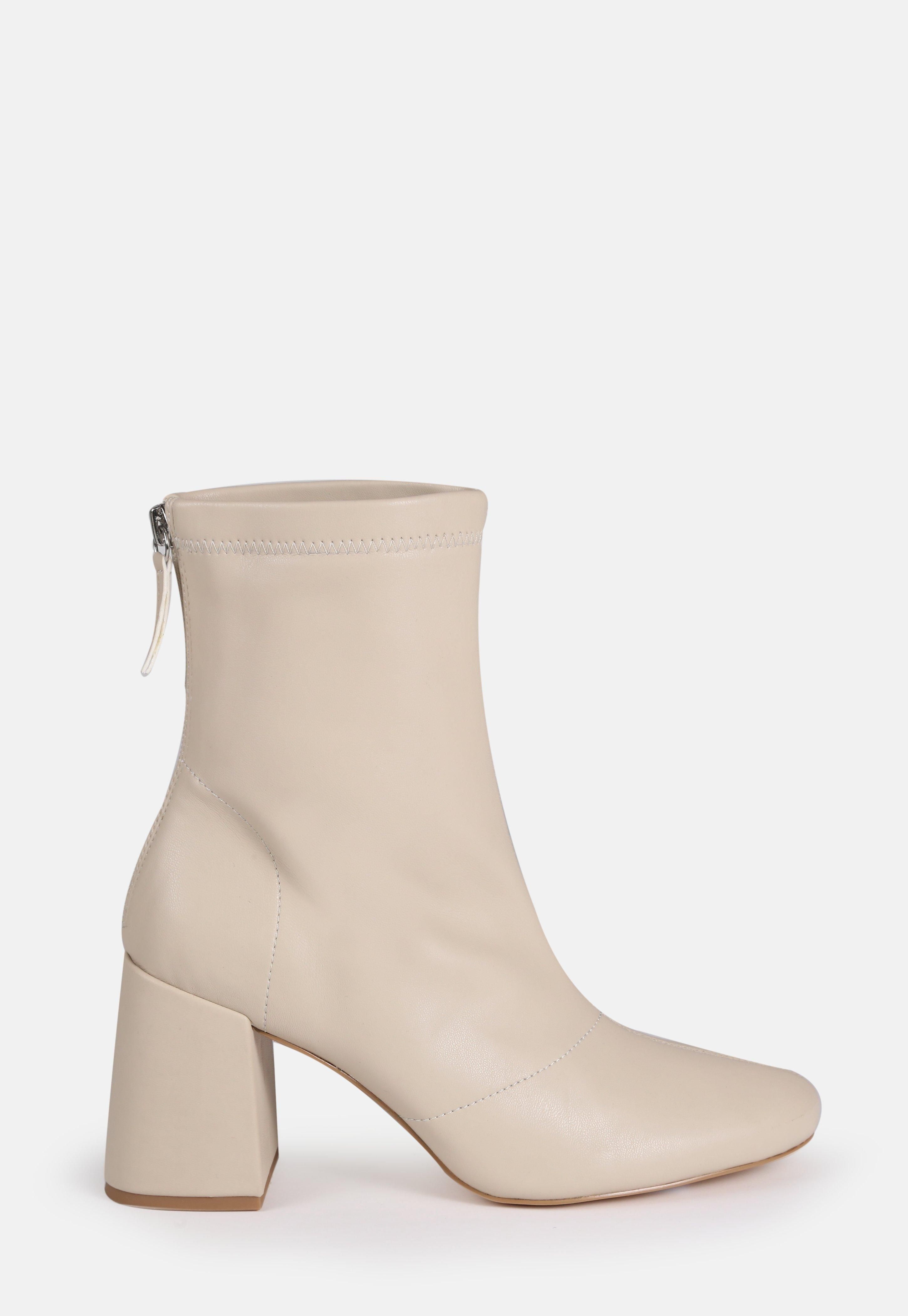 Cream Faux Leather Block Heel Sock Boots | Missguided (US & CA)