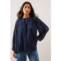 Womens Pleated Blouson Sleeve Blouse - Navy - 16 | boohoo (US & Canada)