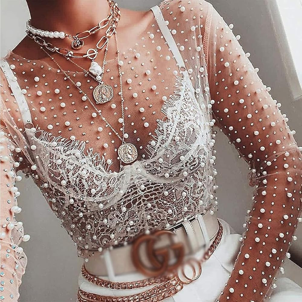 PAODIKUAI Women's Sheer Bodysuit See Through Long Sleeve Mesh Tee Blouse Pearl Rhinestone Crop Top C | Amazon (US)