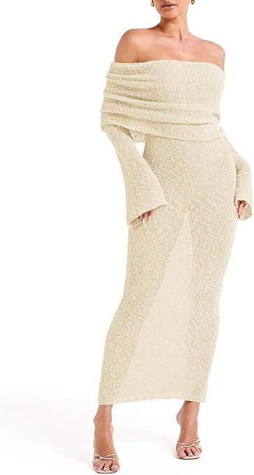 Saodimallsu Womens Off Shoulder Summer Maxi Dress Bell Long Sleeve Sexy Bodycon Strapless Sheer B... | Amazon (US)