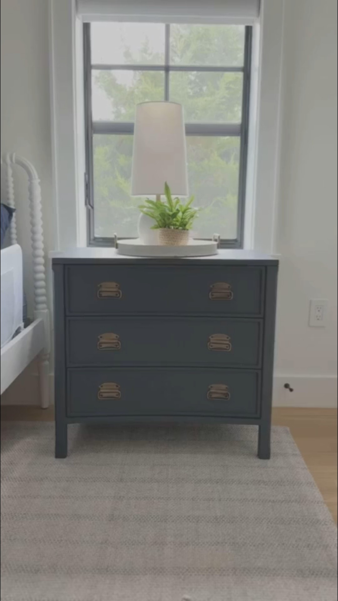 My sons navy 3 drawer nightstand from McGee & Co. Boys room design, gray striped rug, white navy gray bedroom design 

#LTKHome #LTKStyleTip #LTKKids