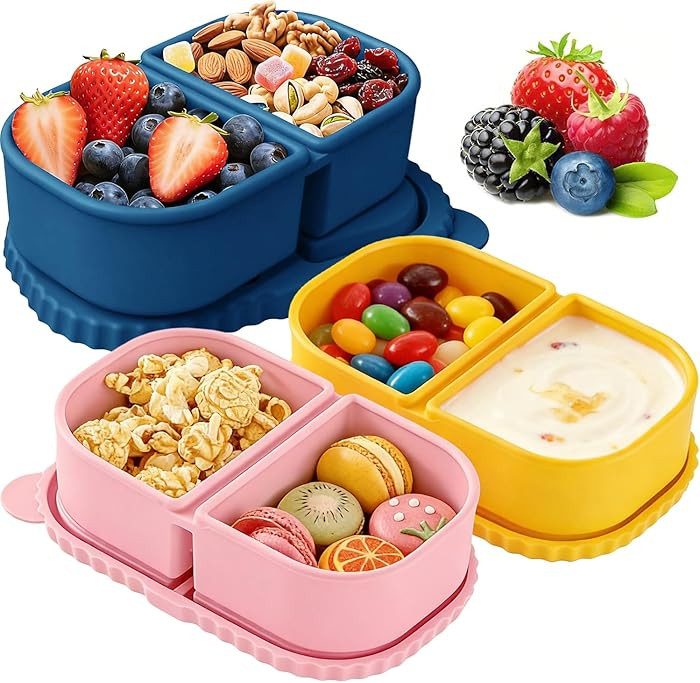 RAYBIN 3 Pack Silicone Reusable Snack Containers with Lids, 2 Compartments Leak-Proof Snackle Box... | Amazon (US)