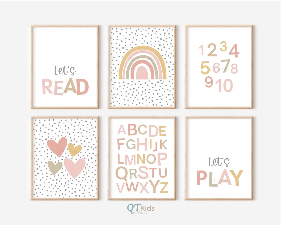 Alphabet Numbers Nursery Prints Set of 6, Girl Room Wall Art, Boho Rainbow Lets Read Lets Play Po... | Etsy (US)