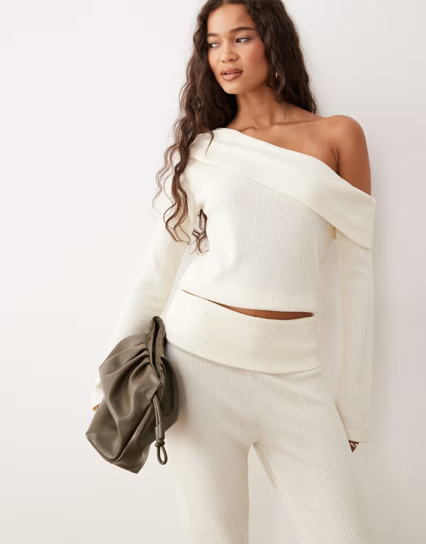 ASOS DESIGN Supersoft brushed rib long sleeve off shoulder top in white - WHITE | ASOS (Global)
