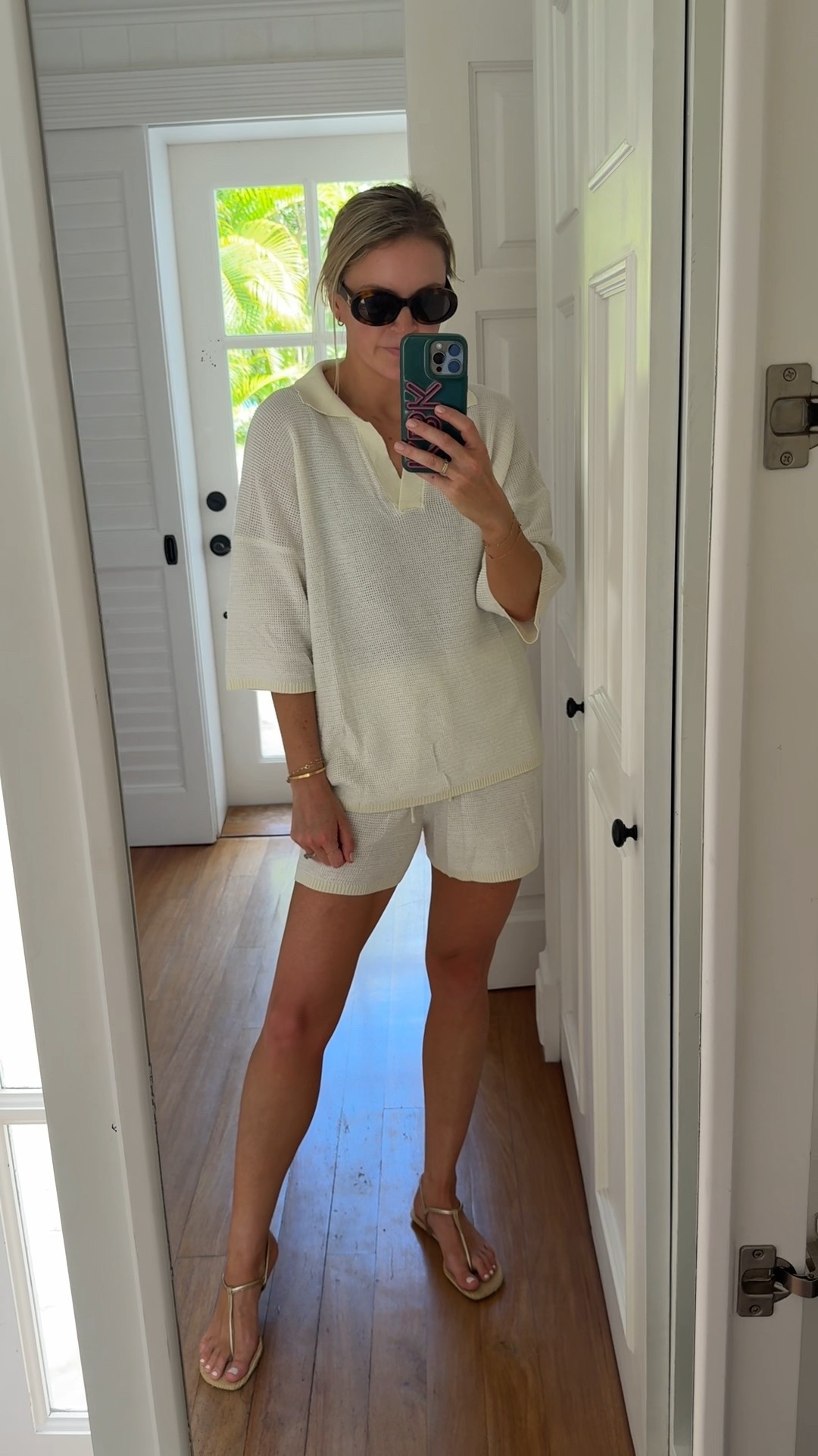 Sweater set comes in tons of colors for under $50. Wearing a small. Sandals tts. Beach tote is one the resort gave us 

resort wear, beach vacation, coverup 