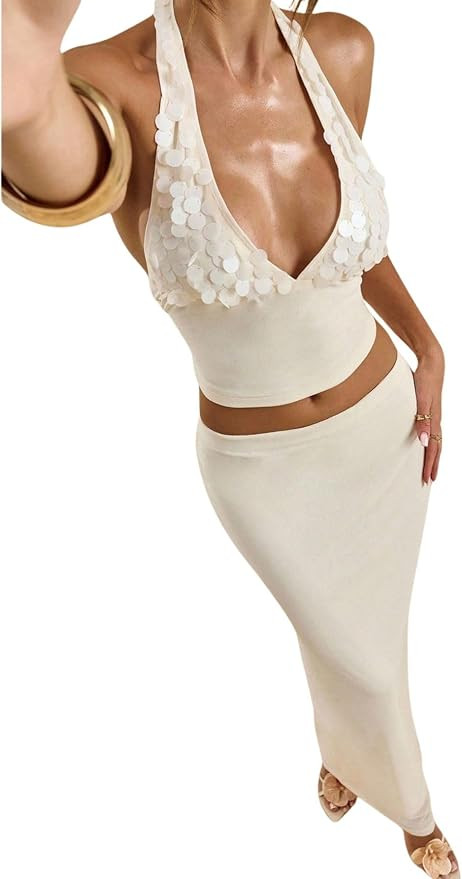Verdusa Women's 2 Piece Sequin Set Tie Backless Crop Halter Tops with Maxi Skirt Brunch Outfits | Amazon (US)