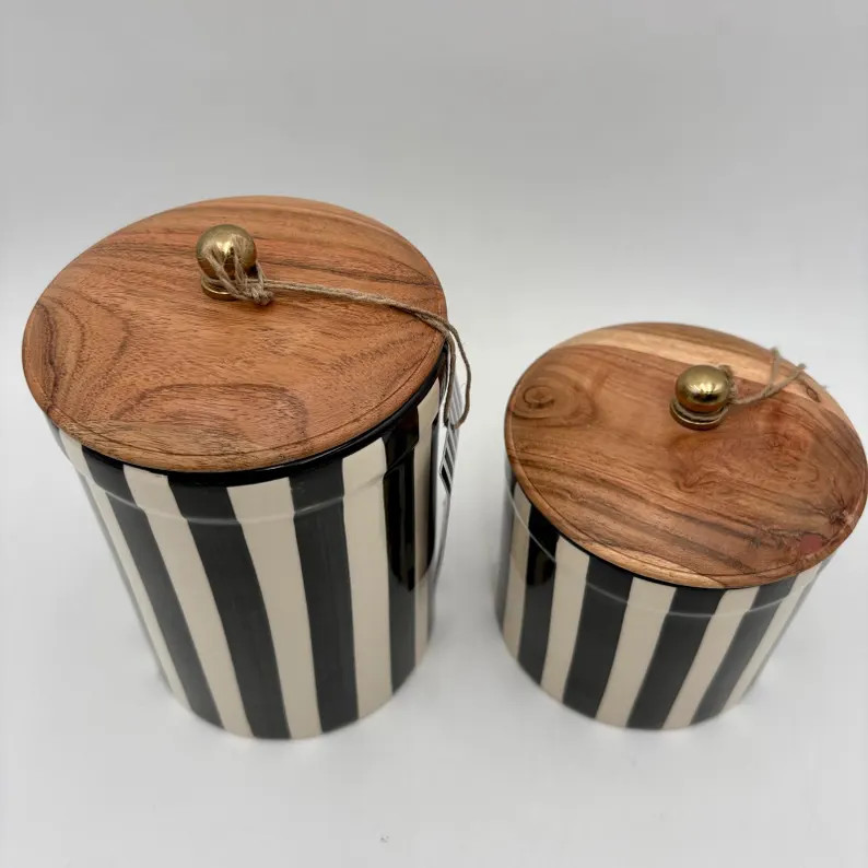 Striped Ceramic Canister Set of 2, Black & Cream, Wood Lids, Decorative Jars - Etsy | Etsy (US)