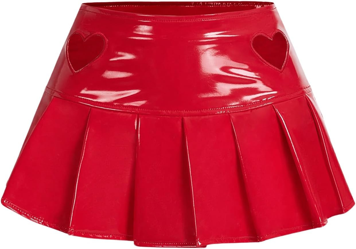 QWINEE Women's Y2K Faux Leather Skirt Heart Pleated Mini Skirts Sexy Party Rave Going Out Night D... | Amazon (US)