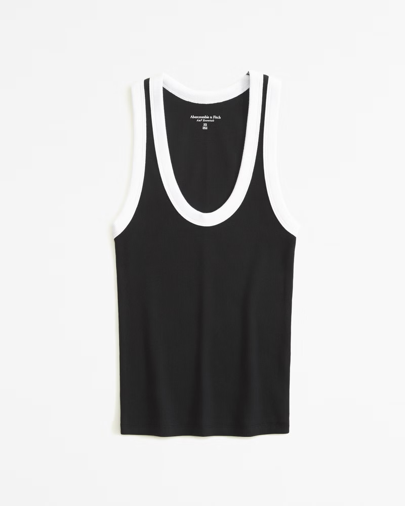 Abercrombie & Fitch Women's Essential Rib Tuckable Scoopneck Tank in Black And White - Size XXS | Abercrombie & Fitch (US)
