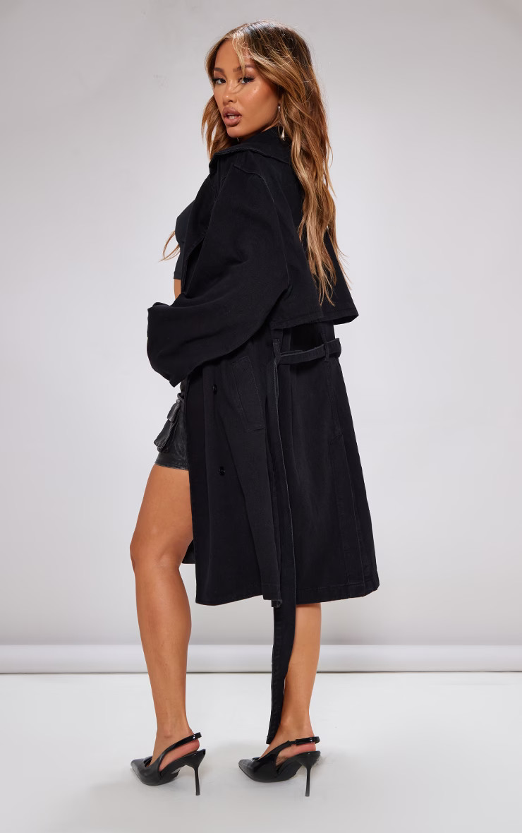 Petite Black Oversized Denim Trench Coat | PrettyLittleThing US