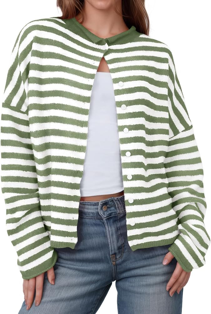 Saodimallsu Womens Striped Cardigan Casual Long Sleeve Open Front Button Down Loose Knit Lightwei... | Amazon (US)