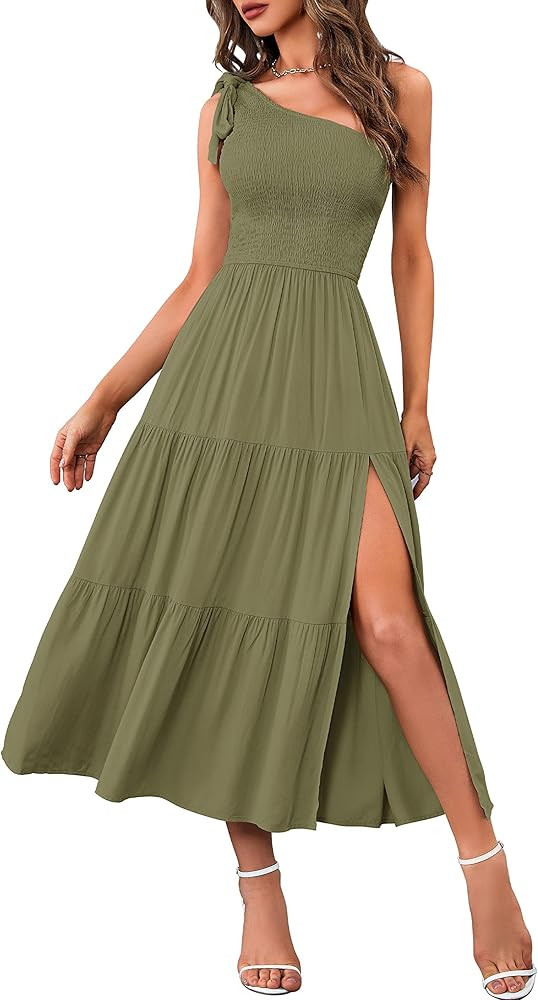 Women's Summer One Shoulder Sleeveless Knot Smocked Midi Dress Split Tiered Flowy Dresses | Amazon (US)