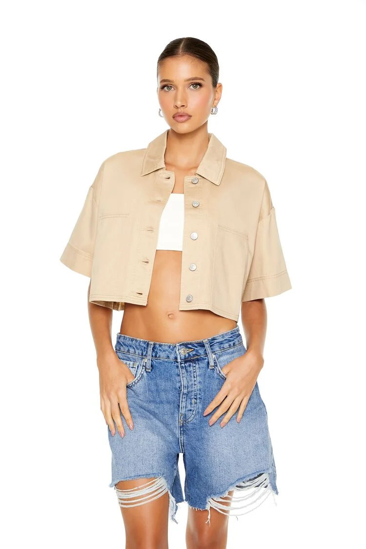 Women's Short-Sleeve Denim Jacket in Beige Small | Forever 21