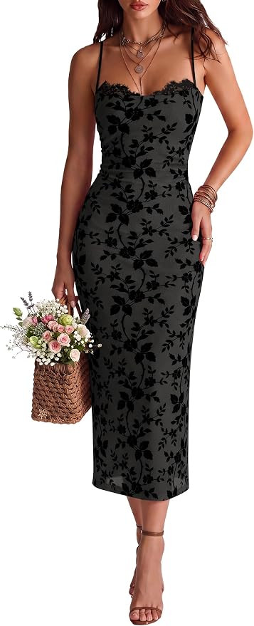 ANRABESS Women's Semi Formal Bodycon Floral Midi Dresses | Soft Stretchy Fabrics, Adjustable Spag... | Amazon (US)
