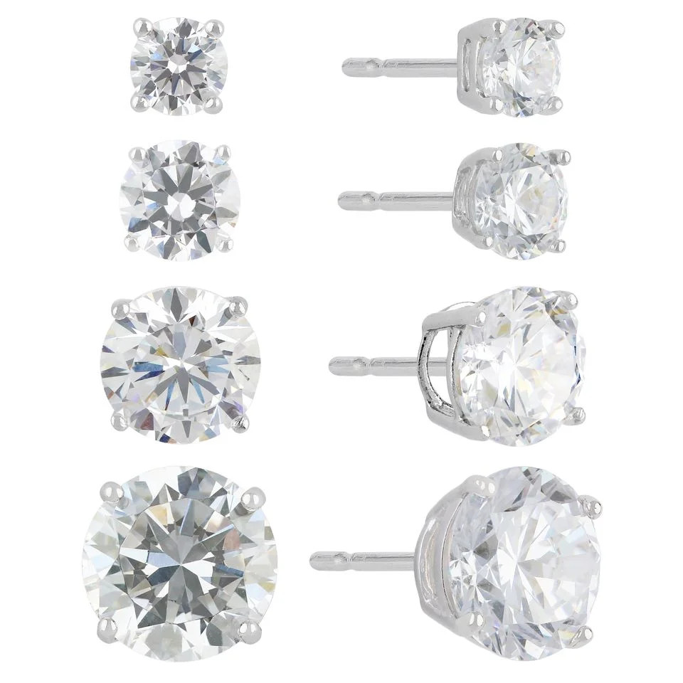 Brilliance Fine Jewelry Round Cubic Zirconia Sterling Silver Stud Earrings, Set of 4.  Clear simu... | Walmart (US)