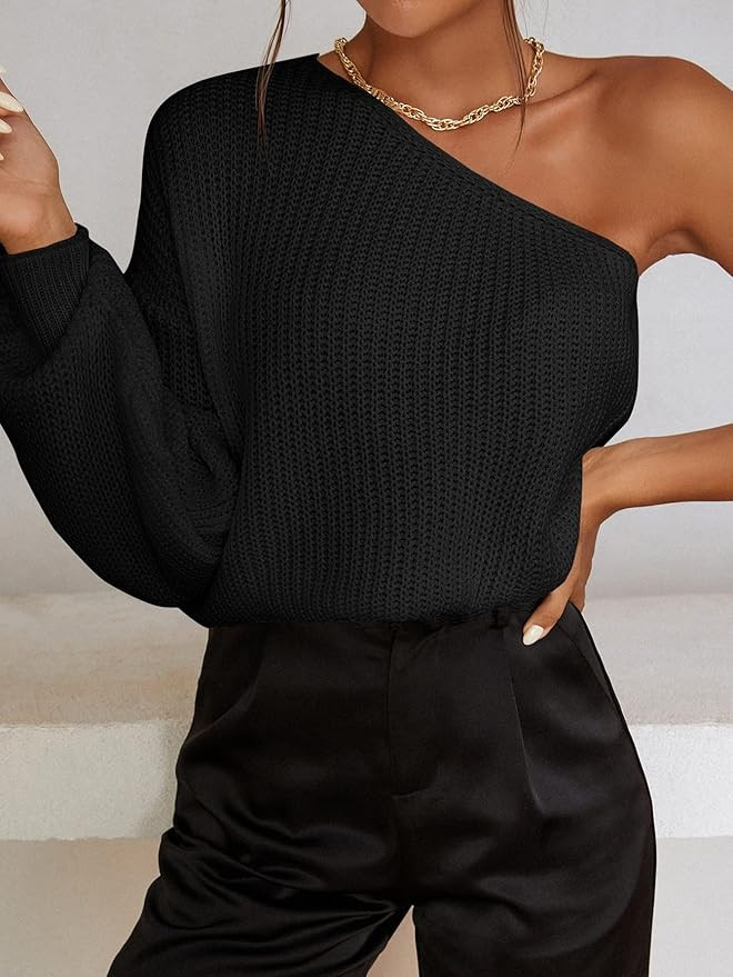 Sweater Womens Sweater Solid One Shoulder Sweater (Color : Black, Size : X-Large) | Amazon (US)