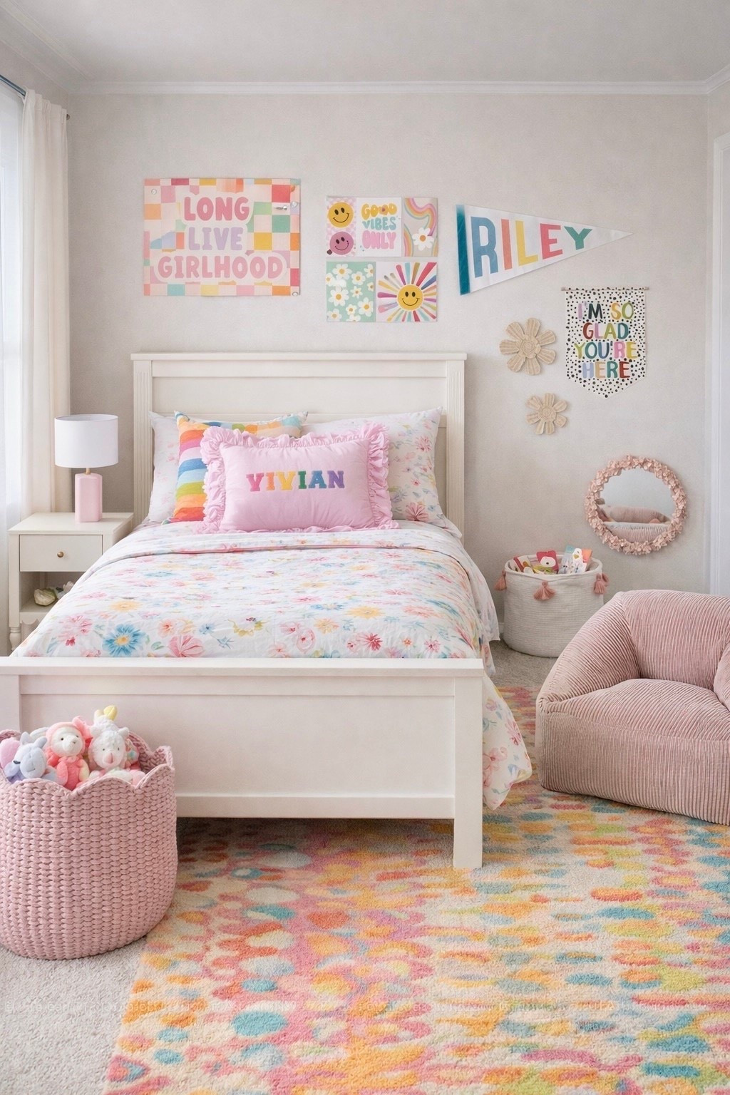 Colorful Girls Bedroom Design Ideas - Toddler Girl, Preteen Girl Room

pastel girls bedroom, colorful girls room decor, kids bedroom ideas, girls bedroom inspiration, pastel rainbow bedroom, cheerful kids room decor, girls bedding set, floral comforter kids bed, personalized name pillow, rainbow pillow, ruffle pillow, white kids bed frame, pastel wall art kids room, smiley face wall decor, daisy wall art, rainbow kids decor, positive quote wall art, gallery wall kids bedroom, colorful area rug kids room, pastel nursery decor, soft pink kids chair, cozy reading corner kids room, stuffed animal storage basket, toy basket kids room, bright playful kids bedroom, happy colorful kids decor, girly bedroom aesthetic, modern kids bedroom design, cozy kids bedroom ideas, pastel kids decor inspiration

#LTKHome #LTKKids