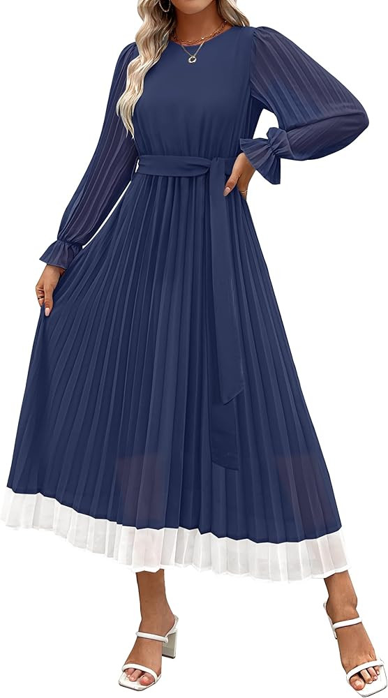 ZESICA Women's 2024 Fall Long Sleeve Chiffon Dress Casual Crew Neck Pleated A Line Flowy Midi Dre... | Amazon (US)