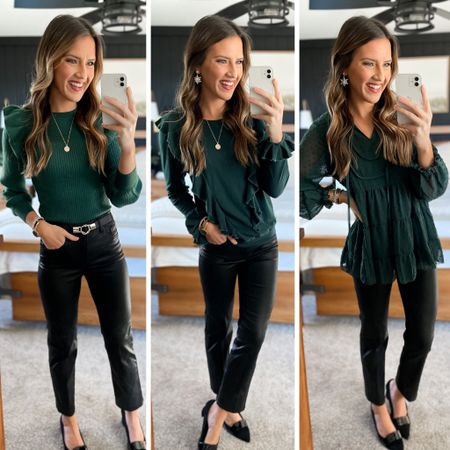 Three green tops from Amazon that will be perfect for the holidays! 

Left sweater - size up, I’m in a medium 
Middle top - small
Right top - small and size down if in between sizes 
Pants - 2 long 
