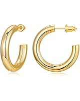 Chunky Gold Hoops Earrings for Women Thick 18K Real Gold Plated Open Hoop Lightweight | Amazon (US)