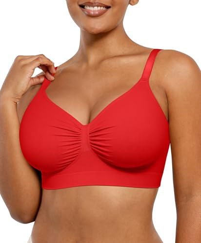 SHAPELLX Red Wireless Comfy Bra for Womens Breathable Lounge Seamless Bra Comfortable Soft Bralette V Neck Everyday Bras X-Large | Amazon (US)