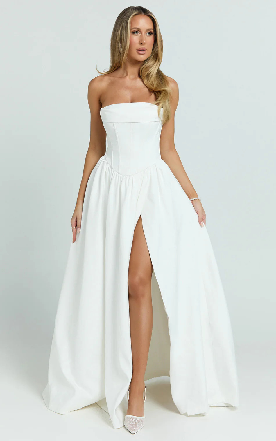 Corset Panel High Split Dress in Off White | Showpo (US, UK & Europe)