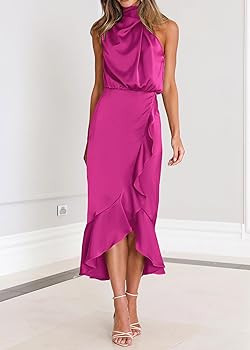 KIRUNDO Womens 2024 Summer Satin Mock Neck Party Cocktail Midi Dress Sleeveless Wrap Ruffle Merma... | Amazon (US)